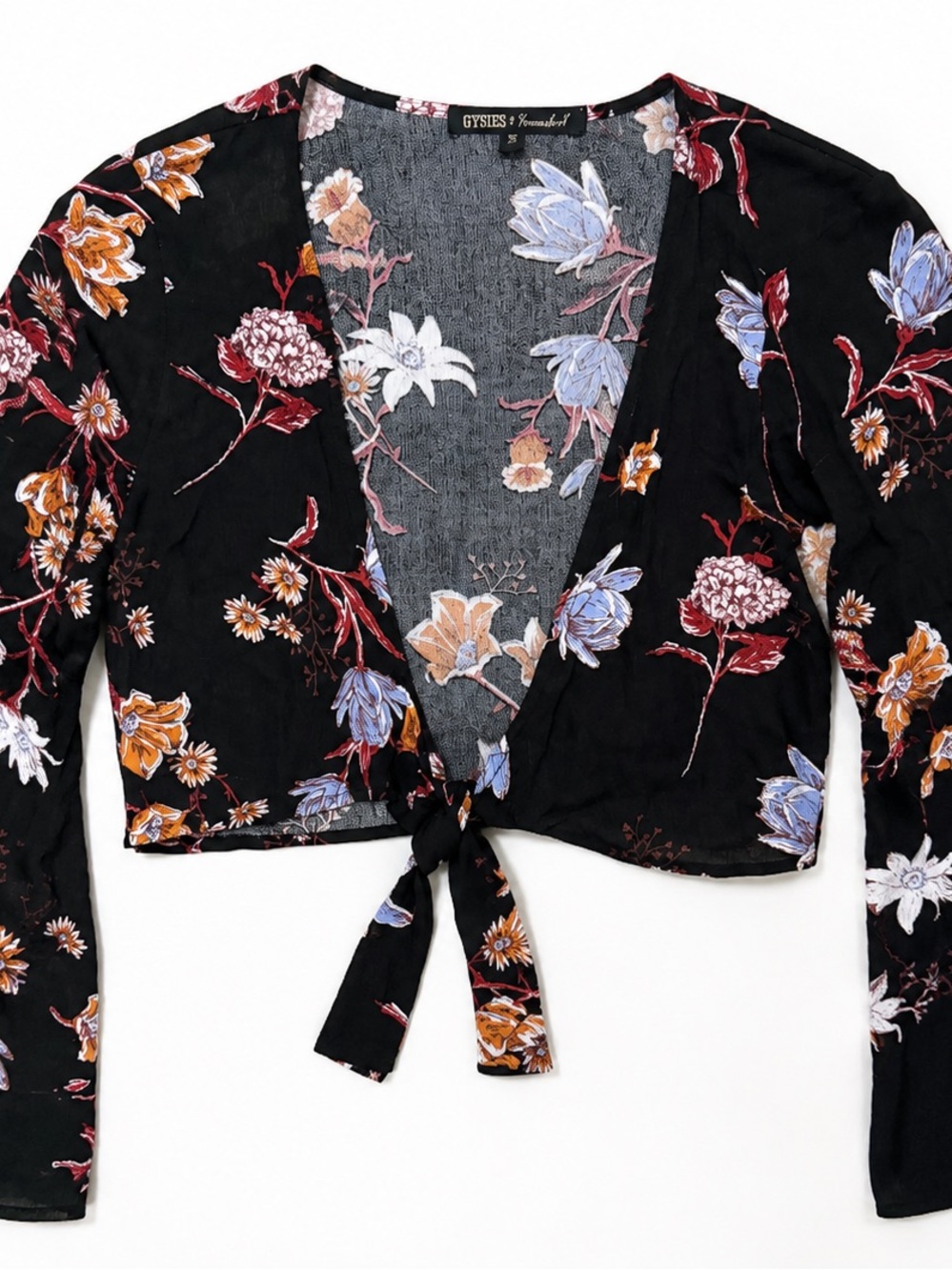 Gypsies & Moondust Black Floral Tie-Front Crop Top - Picture 3 of 7